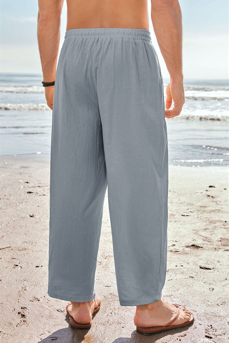 Gafeng Mens Linen Yoga Pants Elastic Waist Drawstring Summer Beach Loose Fit Casual Tapered Trousers Gray - Image 3