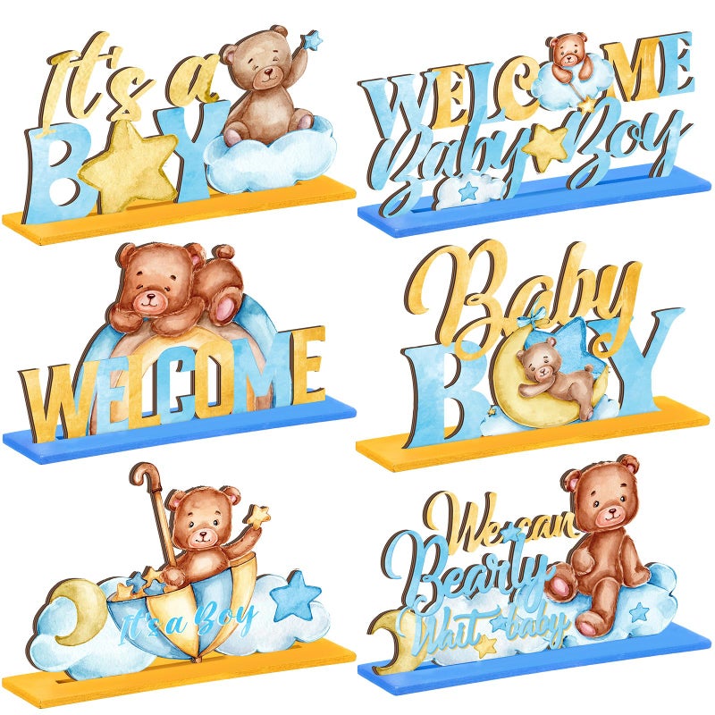 6 Pcs Bear Baby Shower Table Wooden Decorations Bear Centerpieces for Tables Gender Reveal Boy Baby Shower Centerpiece Birthday Party Supplies Birthday Photo Props