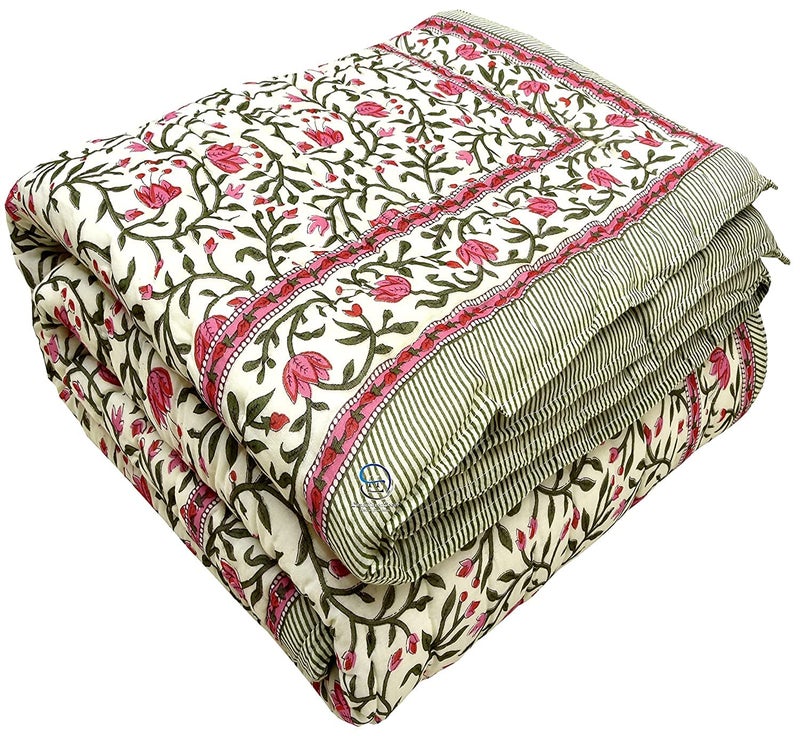 WORLDNEX 400 TC Pure Cotton Double Bed Soft Jaipuri AC QuiltRazaiRajai Floral PrintJaipuri razai Double Bed for Winter PrintedPink Green 85 x 100 inch Double Bed - Image 2