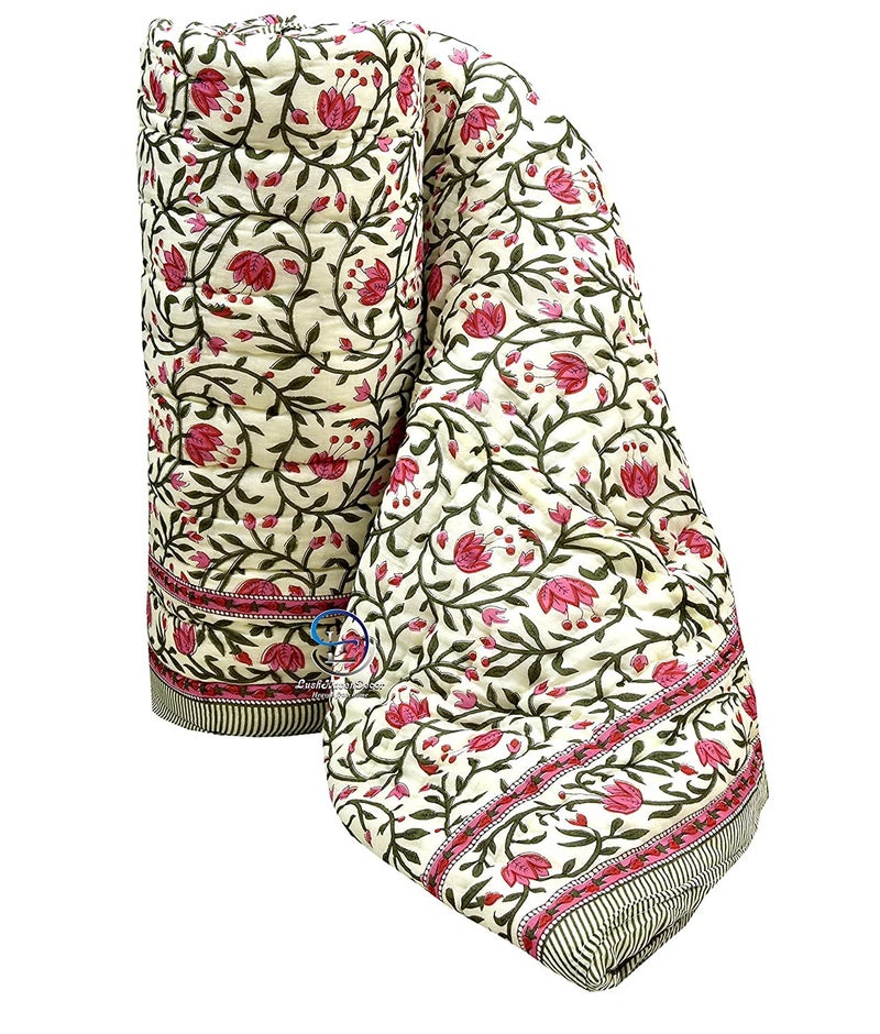WORLDNEX 400 TC Pure Cotton Double Bed Soft Jaipuri AC QuiltRazaiRajai Floral PrintJaipuri razai Double Bed for Winter PrintedPink Green 85 x 100 inch Double Bed - Image 1
