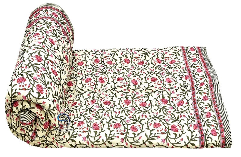 WORLDNEX 400 TC Pure Cotton Double Bed Soft Jaipuri AC QuiltRazaiRajai Floral PrintJaipuri razai Double Bed for Winter PrintedPink Green 85 x 100 inch Double Bed - Image 3