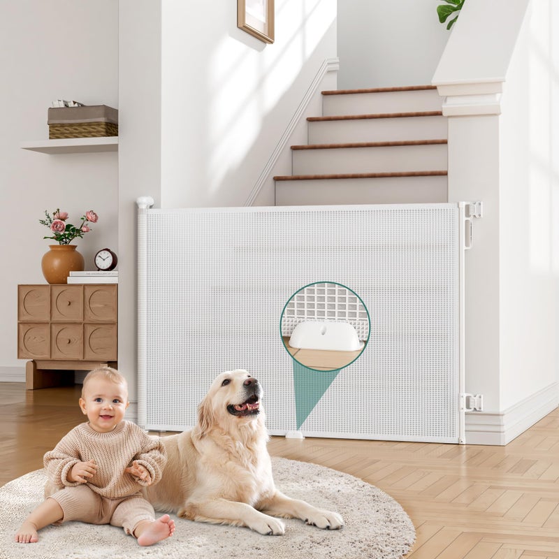 Babepai Retractable Baby Gates Extra Wide | 55" Wide x 34" Tall Dog Gates for Stairs | Indoor/Outdoor Use | Child Gates for Doorways, Deck, Porch, Hallways, Patio - White - Image 1