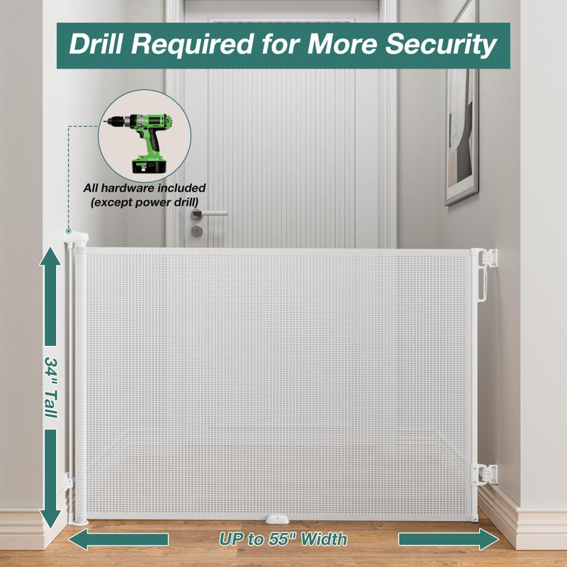Babepai Retractable Baby Gates Extra Wide | 55" Wide x 34" Tall Dog Gates for Stairs | Indoor/Outdoor Use | Child Gates for Doorways, Deck, Porch, Hallways, Patio - White - Image 2
