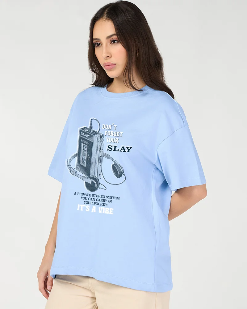 بيواكوف Women's Sky Blue Slay Graphic Printed Oversized T-shirt