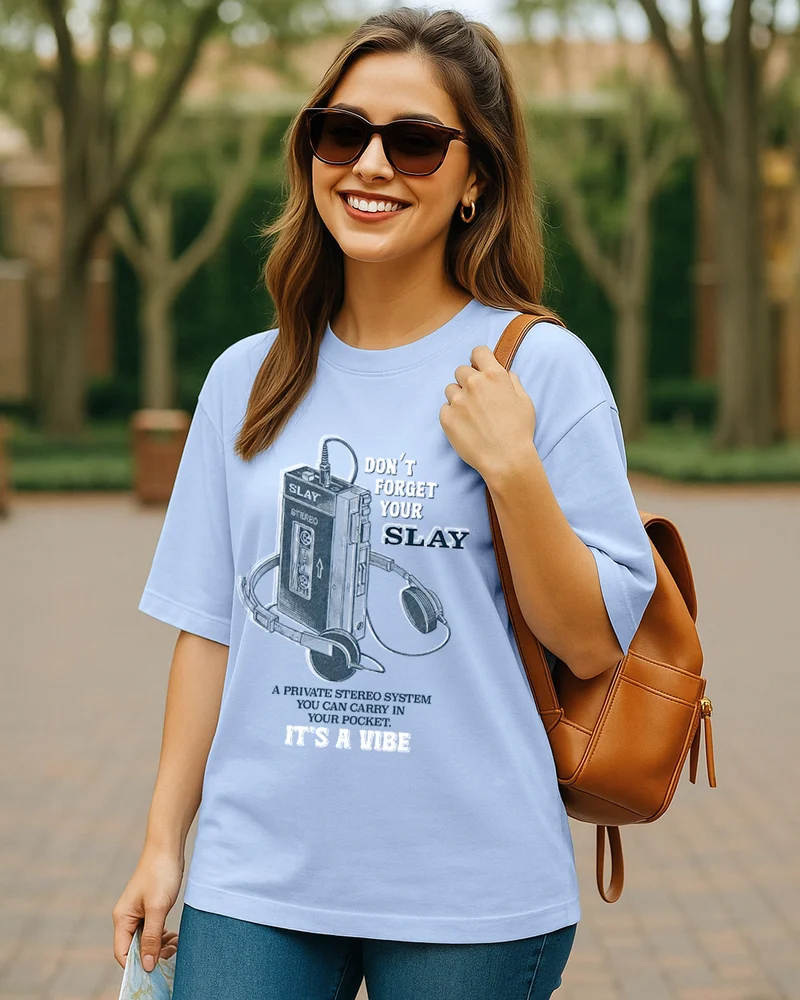 بيواكوف Women's Sky Blue Slay Graphic Printed Oversized T-shirt