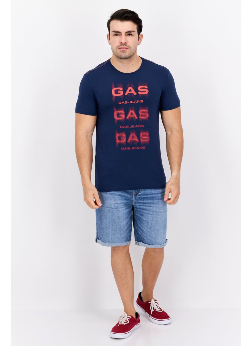 GAS - Men Crew Neck Short Sleeves Brand Logo T-Shirt, Blue - Image 1