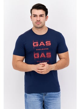 Men Crew Neck Short Sleeves Brand Logo T-Shirt, Blue