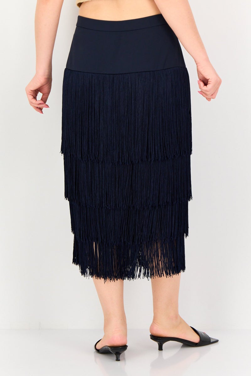 Femi9 تنورة ميدي نسائية بتفاصيل متموجة، كحلي - Image 3