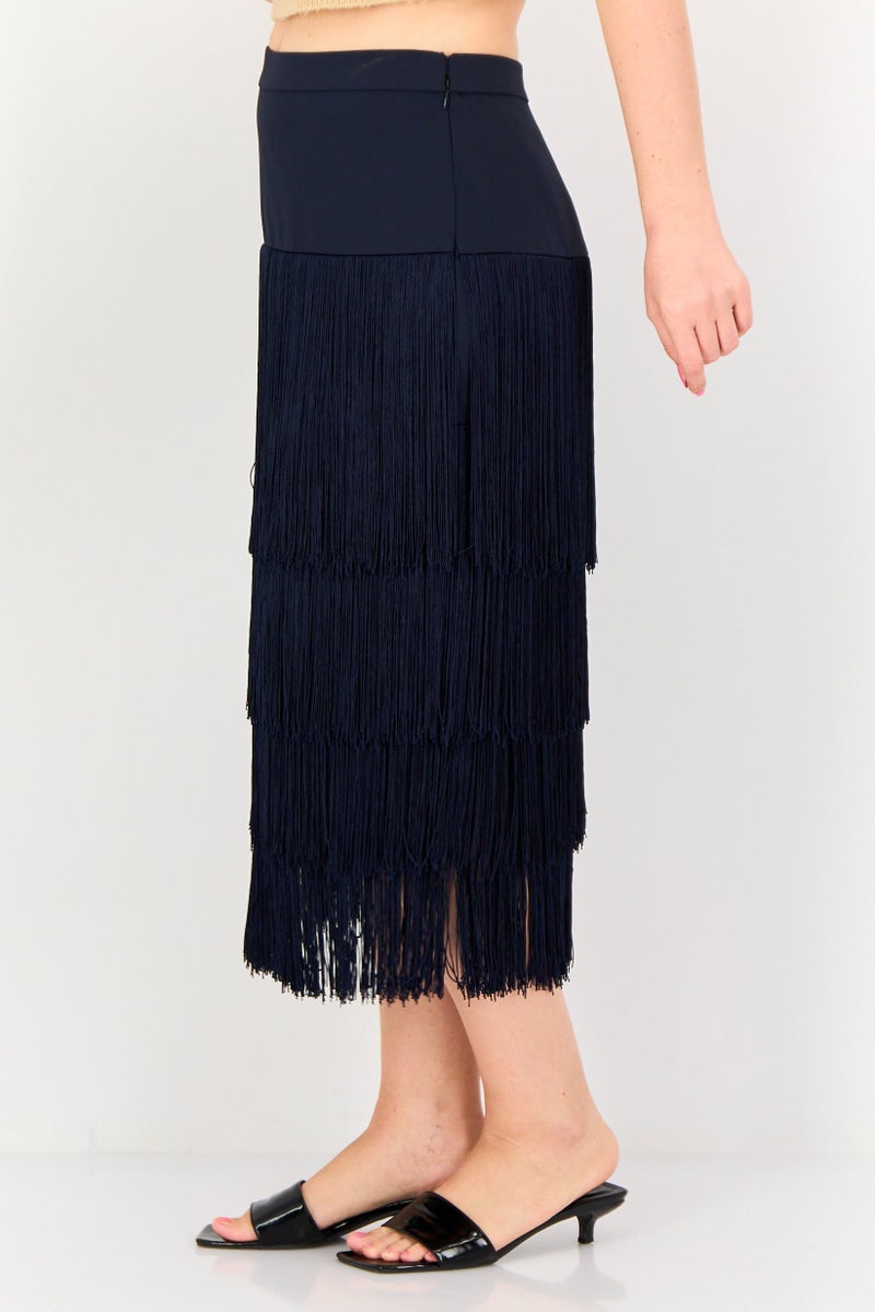 Femi9 تنورة ميدي نسائية بتفاصيل متموجة، كحلي - Image 2