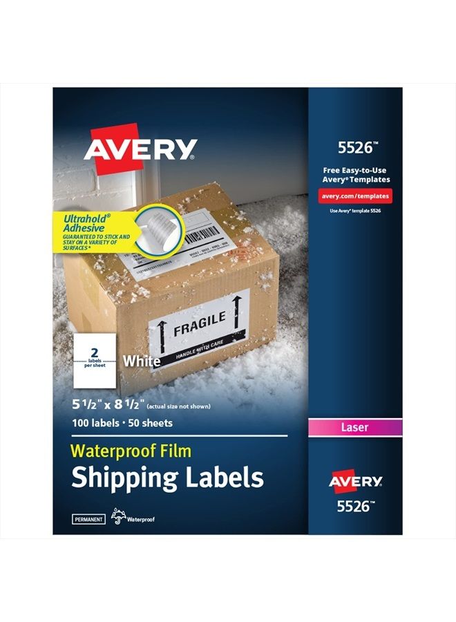 Avery Waterproof Printable Shipping Labels with Sure Feed, 5.5" x 8.5", White, 100 Blank Mailing Labels (5526) - Image 1