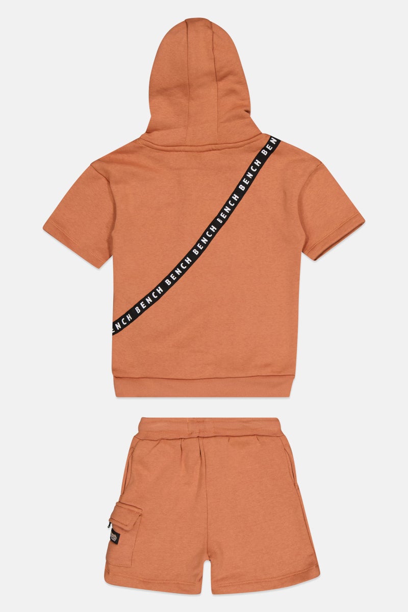 Bench Kids Boy 2 Piece Graphic Print Hoodies With Applique Bag and Shorts Set, Brown - Image 2