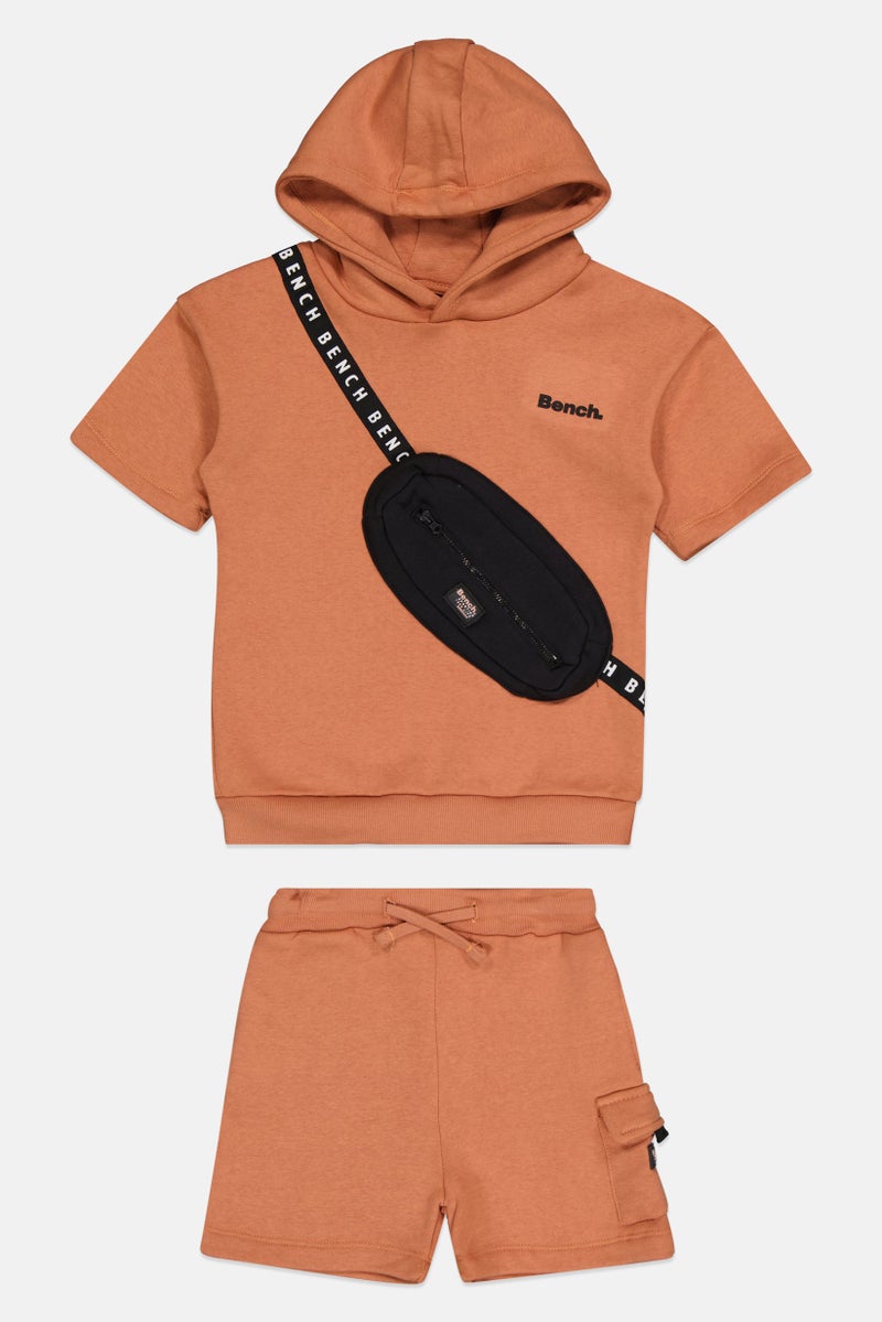 Bench Kids Boy 2 Piece Graphic Print Hoodies With Applique Bag and Shorts Set, Brown - Image 1