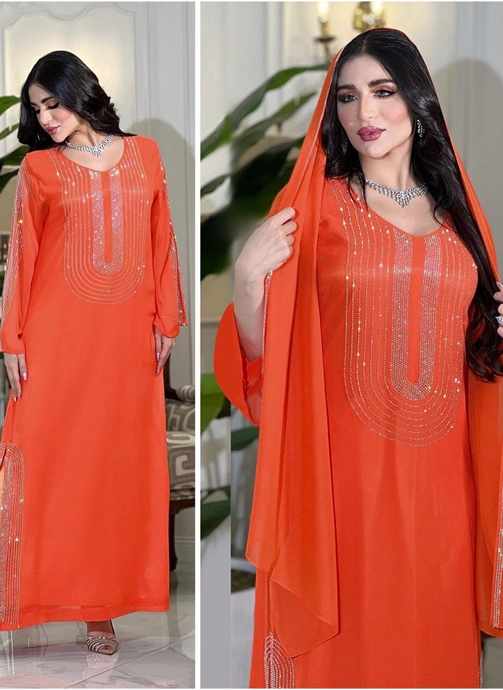 ShineShe Fashionable Orange Rhinestone Long Robe Party Dress(including headscarf)  - Image 1