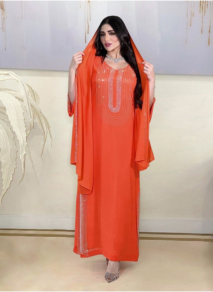 ShineShe Fashionable Orange Rhinestone Long Robe Party Dress(including headscarf)  - Image 4