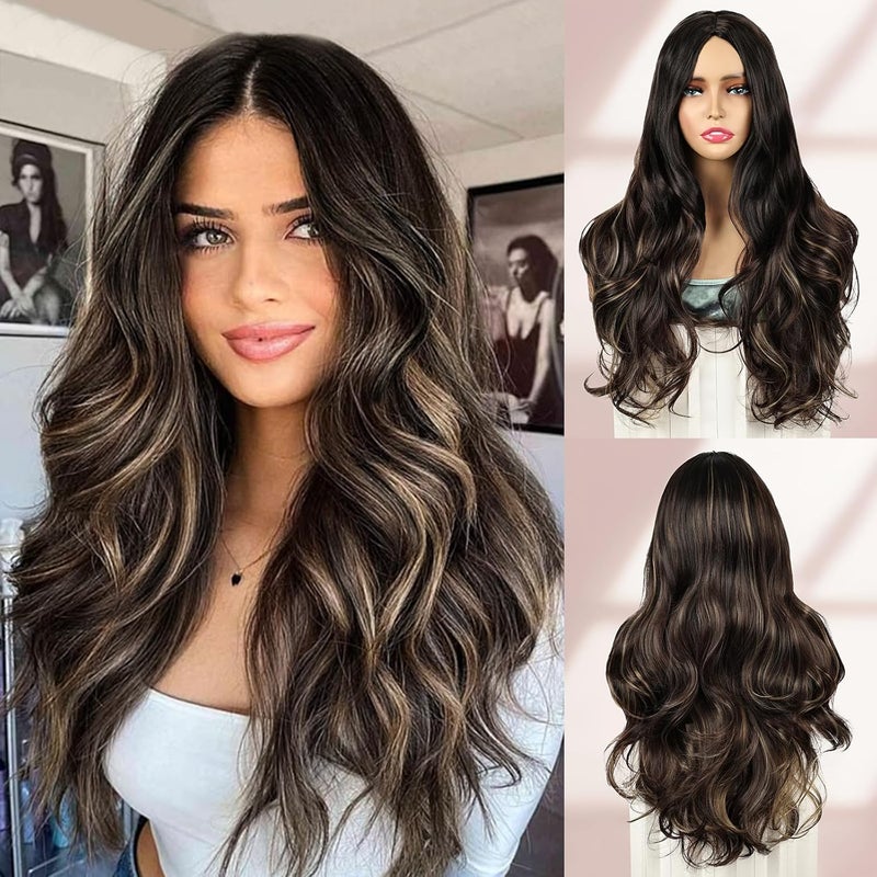 PHOCAS Long Dark Brown Mixed Blonde Highlight 23''/58cm,Ombre Brown Highlight Wig Long Wavy Wigs,Brown Wig with Blonde Highlights for Women