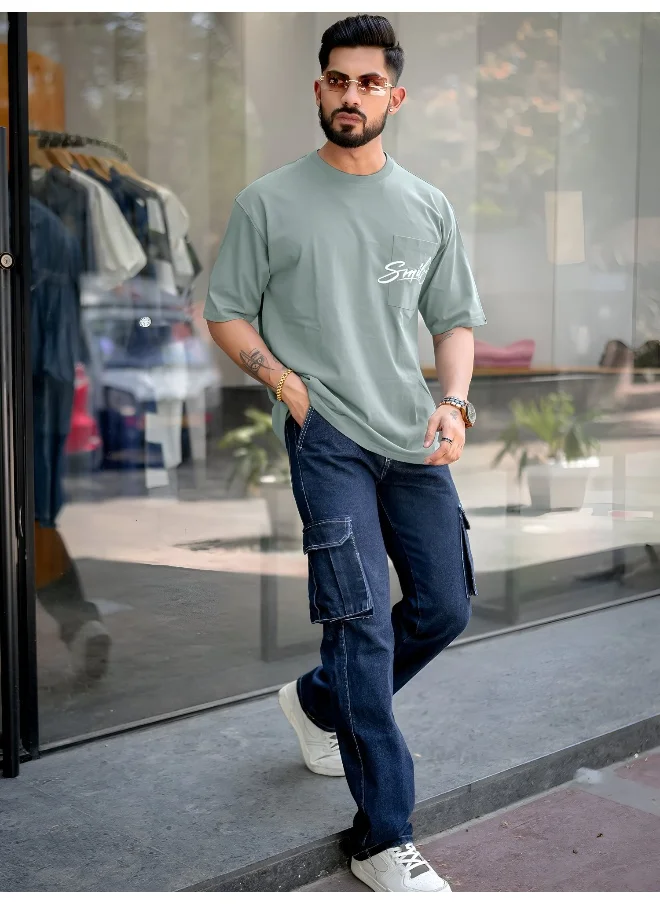 مانياك Mens Printed Round Neck 3/4th Sleeve Light Grey and White Cotton T-Shirt