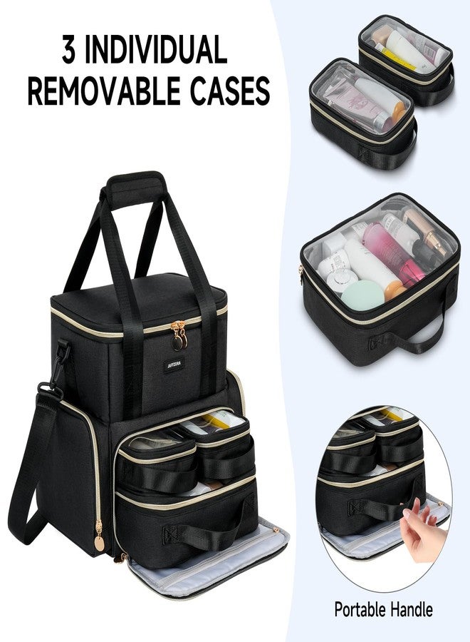 Jaffzora Extra Large Makeup Bag with 3 Removable Cases, Double Layers Travel Cosmetic Storage Organizer Bag with Detachable Dividers, Black - Image 2
