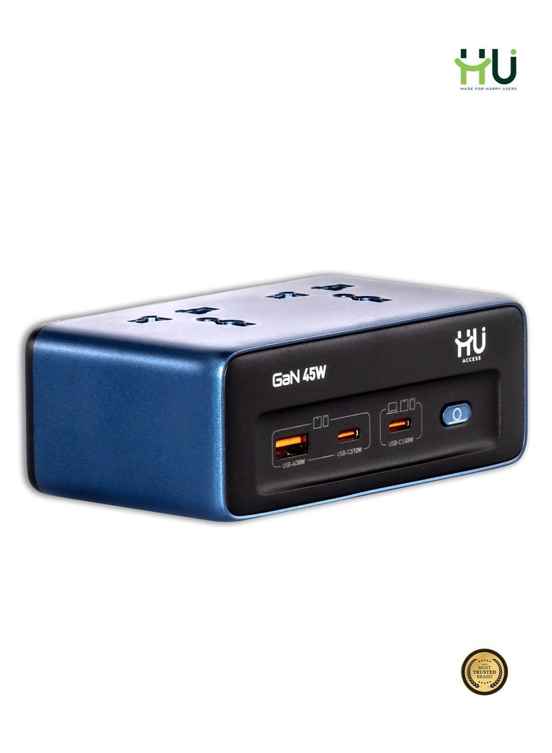 إتش يو مشترك طاقة مكتبي GaN بقدرة 2500 واط – مزود بمنفذ شحن سريع USB بقدرة 45 واط، شريحة أمان ذكية، هيكل مقاوم للاشتعال، وسلك كهربائي متين بطول 2 متر للاستخدام المنزلي والمكتبي. - Image 2