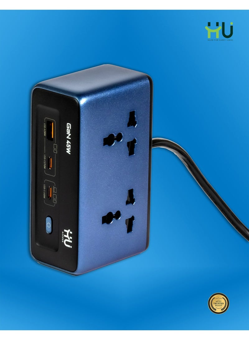 إتش يو مشترك طاقة مكتبي GaN بقدرة 2500 واط – مزود بمنفذ شحن سريع USB بقدرة 45 واط، شريحة أمان ذكية، هيكل مقاوم للاشتعال، وسلك كهربائي متين بطول 2 متر للاستخدام المنزلي والمكتبي. - Image 3