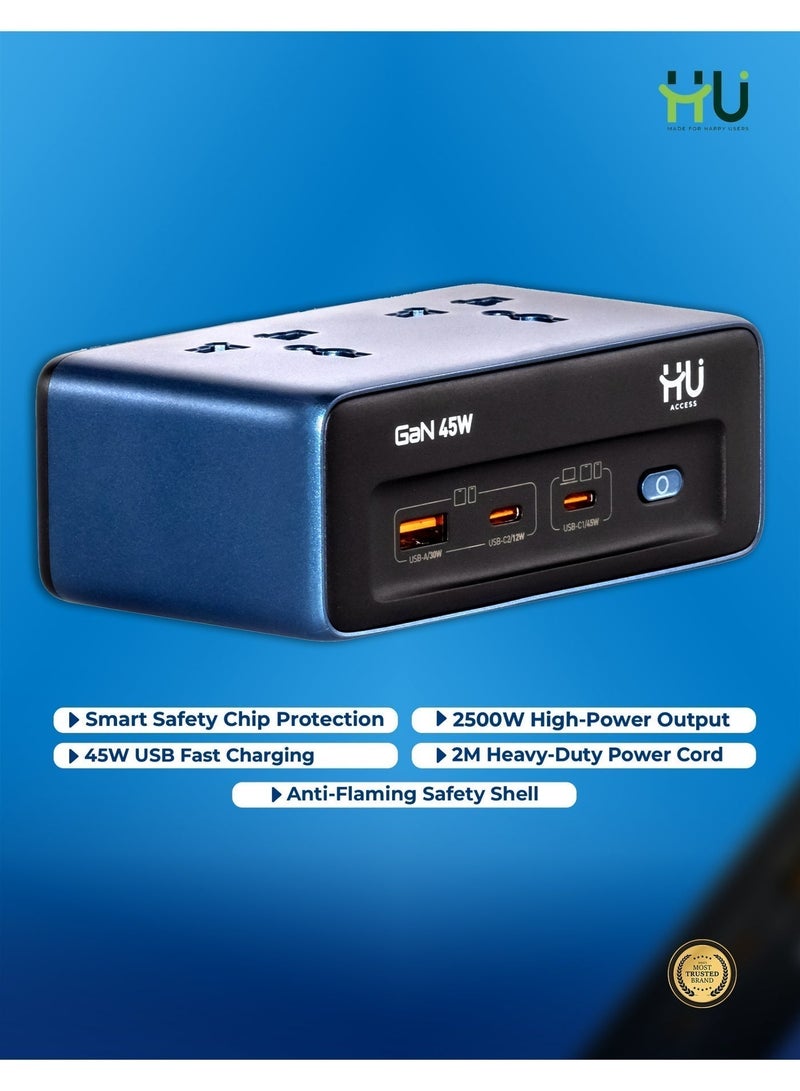 إتش يو مشترك طاقة مكتبي GaN بقدرة 2500 واط – مزود بمنفذ شحن سريع USB بقدرة 45 واط، شريحة أمان ذكية، هيكل مقاوم للاشتعال، وسلك كهربائي متين بطول 2 متر للاستخدام المنزلي والمكتبي. - Image 4