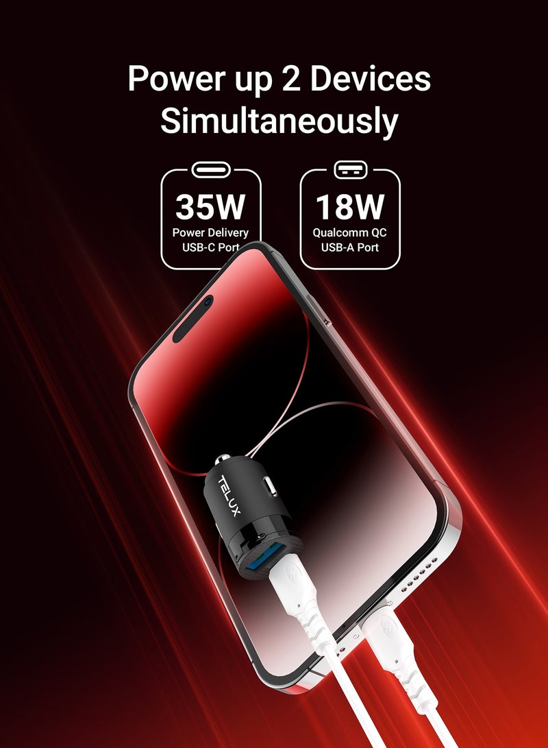 TELUX POWERGO 35W Fast Car Charger, Dual Port USB-C & USB-A, Compact Car Adapter, Charge 2 Devices, Universal Compatibility for iPhone, Samsung, Huawei, Xiaomi - Image 2