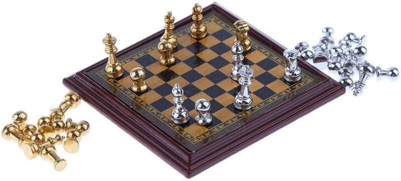 klarako Dollhouse Miniature Metal Chess Game in 1:12 Scale 32 Pieces of Chess And - Image 1
