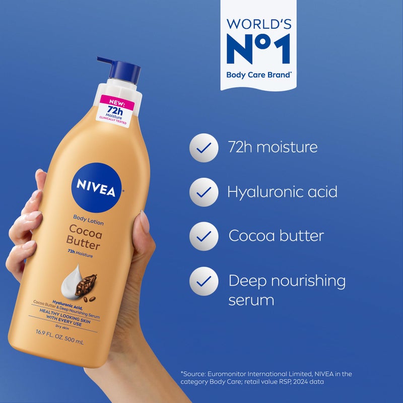 Nivea لوشن الجسم من نيفيا بزبدة الكاكاو مع سيروم مغذي عميق، لوشن معطر للجسم، 16.9 أونصة سائلة زجاجة مضخة - Image 3