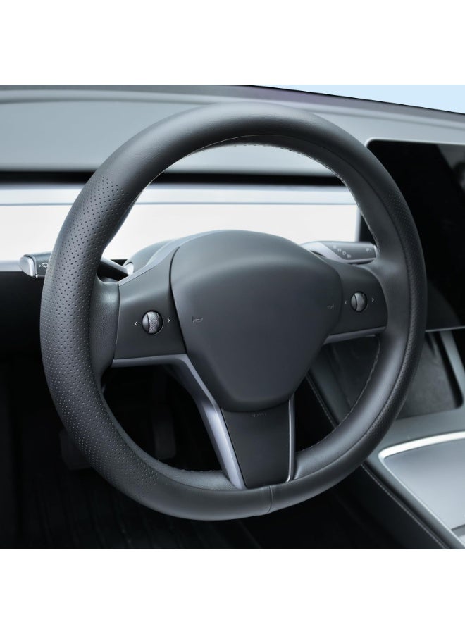 غطاء عجلة قيادة جلدي، واقٍ غير قابل للانزلاق وجيد التهوية، لسيارات Tesla Model 3 (2016-2026) و Tesla Model Y (2020-2026) - باللون الأسود - Image 1