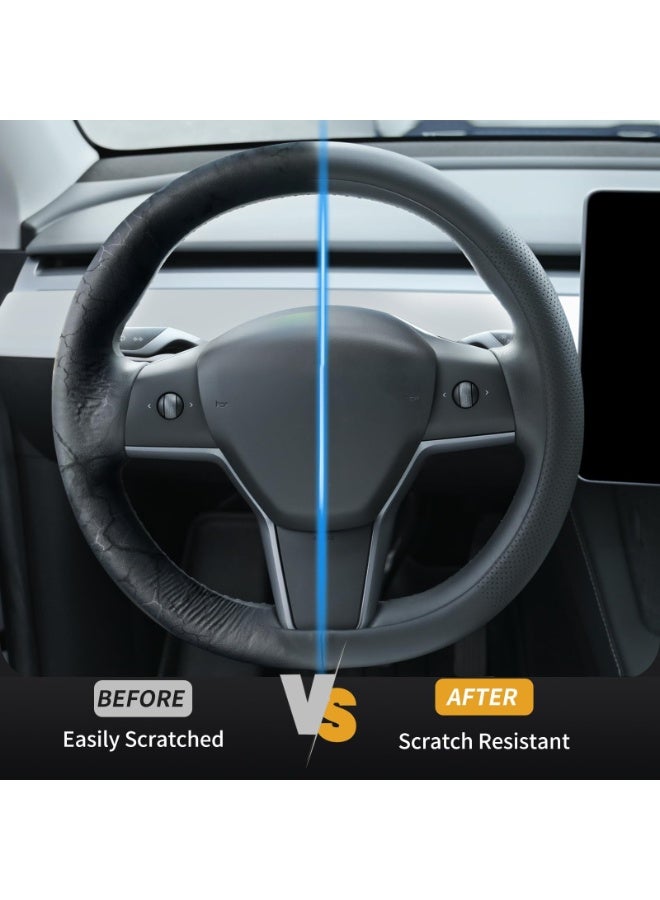 غطاء عجلة قيادة جلدي، واقٍ غير قابل للانزلاق وجيد التهوية، لسيارات Tesla Model 3 (2016-2026) و Tesla Model Y (2020-2026) - باللون الأسود - Image 3