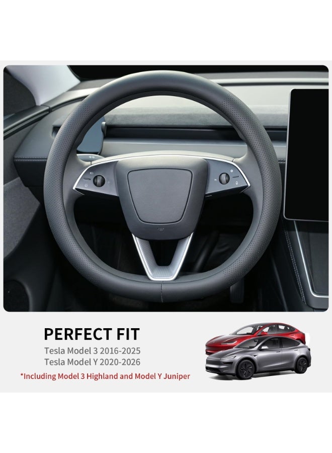 غطاء عجلة قيادة جلدي، واقٍ غير قابل للانزلاق وجيد التهوية، لسيارات Tesla Model 3 (2016-2026) و Tesla Model Y (2020-2026) - باللون الأسود - Image 2