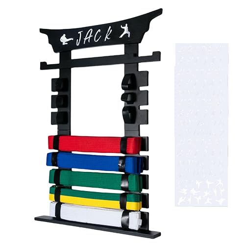humberboat 8 Belts Karate Belt Display Rack with Stickers Taekwondo Belt Display Martial Arts Belt Display Karate Belt Holder for Kids and Adult Wood Black - Image 1