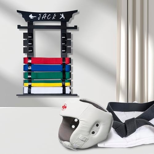 humberboat 8 Belts Karate Belt Display Rack with Stickers Taekwondo Belt Display Martial Arts Belt Display Karate Belt Holder for Kids and Adult Wood Black - Image 3