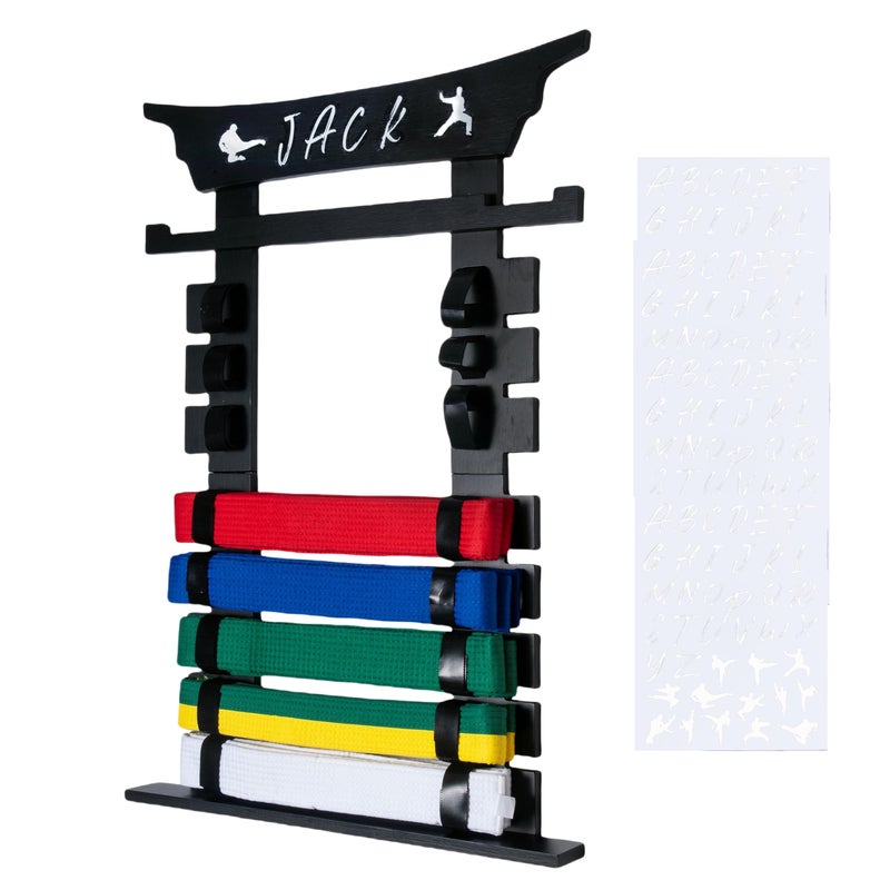 humberboat 8 Belts Karate Belt Display Rack with Stickers Taekwondo Belt Display Martial Arts Belt Display Karate Belt Holder for Kids and Adult Wood Black - Image 2