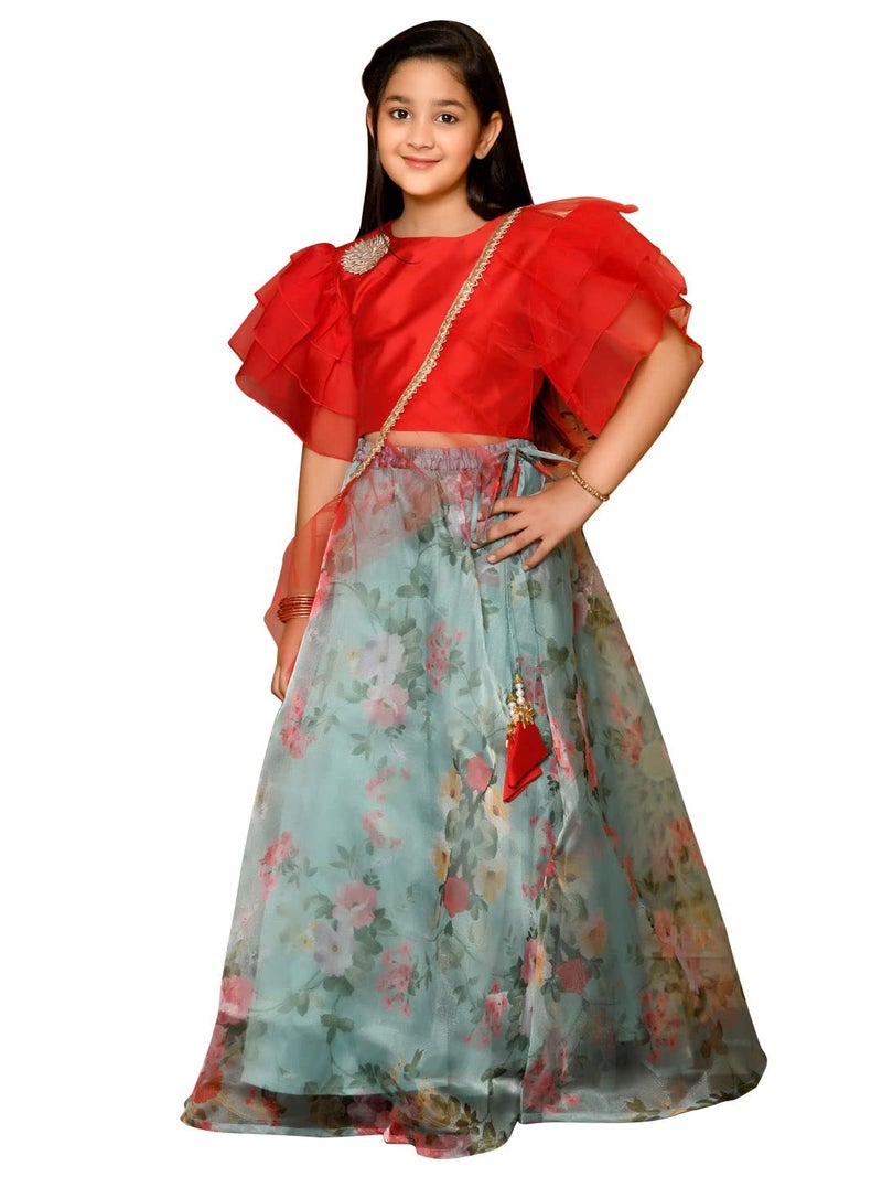 LILPICKS Girls Stylish Frilled Choli with Printed Lehenga Set (Red Sky) (13-14Y) - Image 1