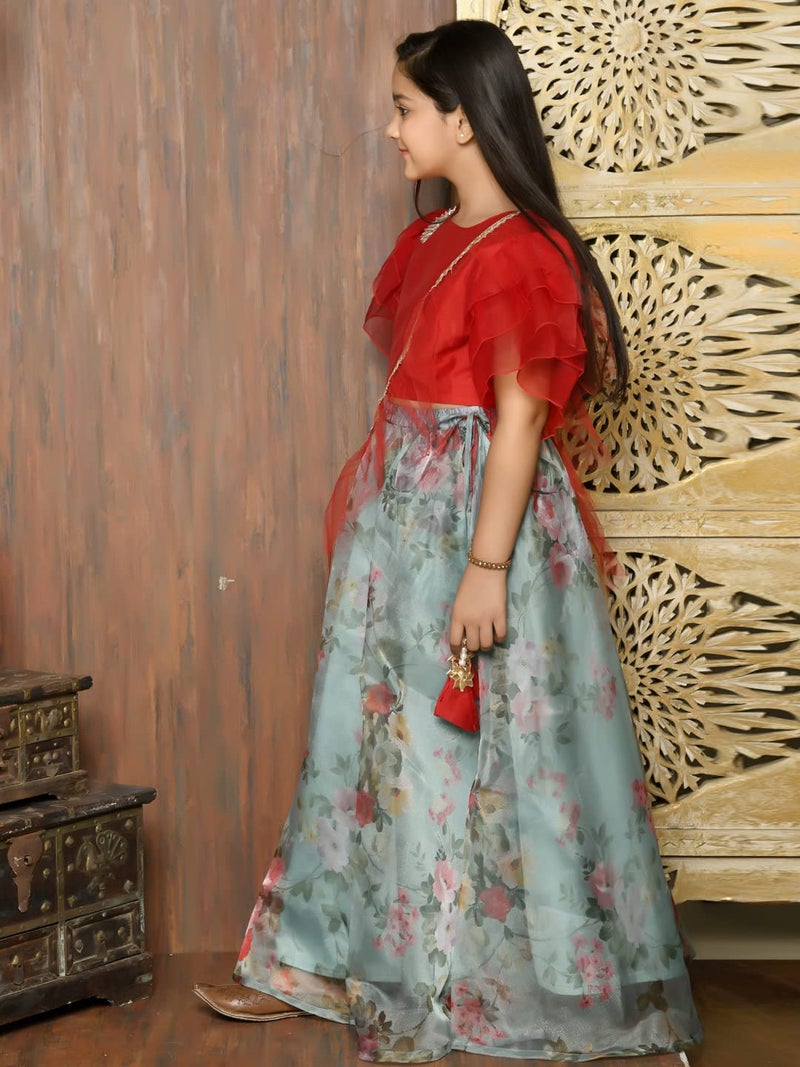 LILPICKS Girls Stylish Frilled Choli with Printed Lehenga Set (Red Sky) (13-14Y) - Image 3