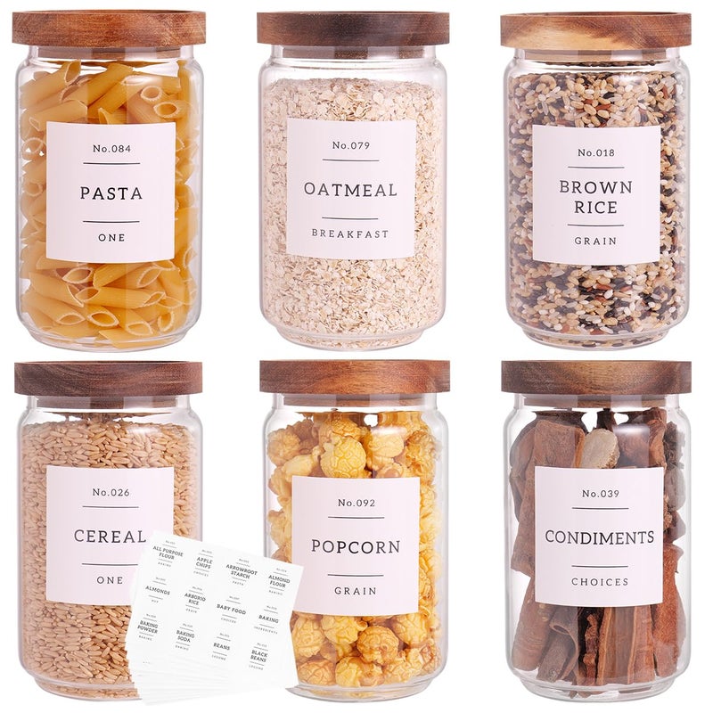 6 Set Glass Pantry Storage Jars with Acacia Airtight Lid 23oz Thicken Glass Kitchen Canisters with 132 Pantry Labels Clear Glass Food Storage Containers with Wood Lid for TeaSugarCookieCoffee