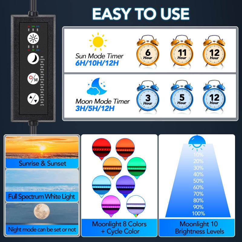 hygger Sun Moon LED Aquarium Light, Full Spectrum Fish Tank Light Day-Night Dual Timer, Adjustable 6 Timer 10 Brightness 8 Colors for Planted Freshwater Tank (16W for 12~18in Long Tank) - Image 2