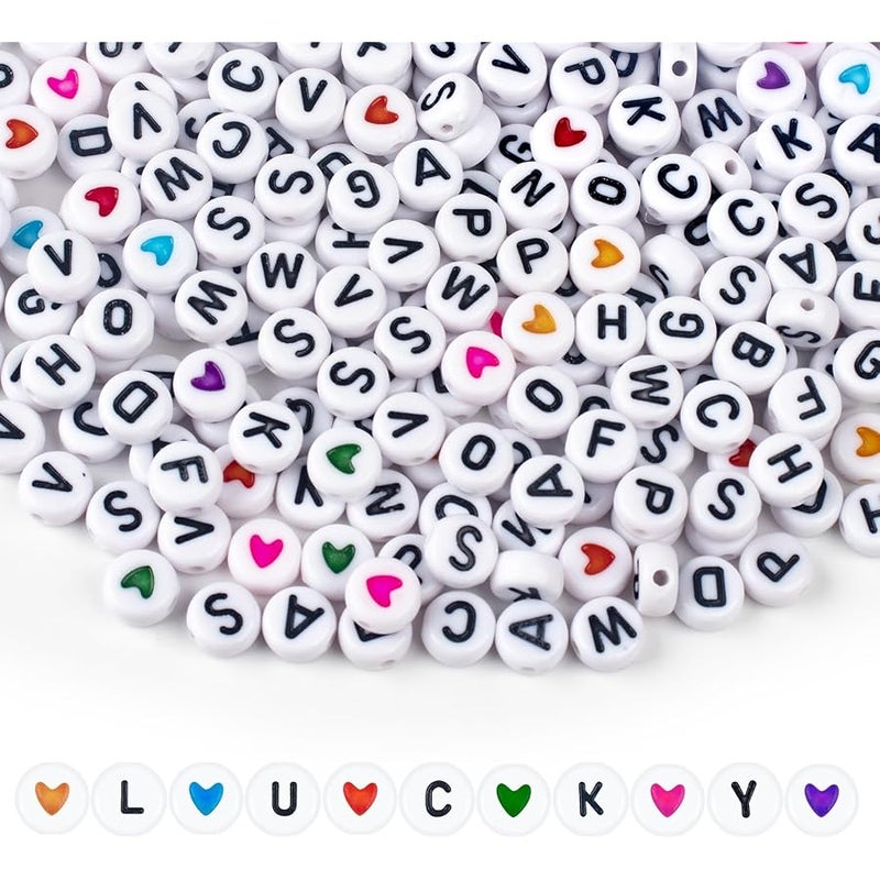 SUTOUG 1000 Pieces Colourful Letter Beads for Threading, 4 x 7 mm, A-Z White Letter Beads and Colourful Heart Beads, Round Acrylic Beads for Jewellery, DIY, Making, Crafts, Bracelets, Necklaces, - Image 1