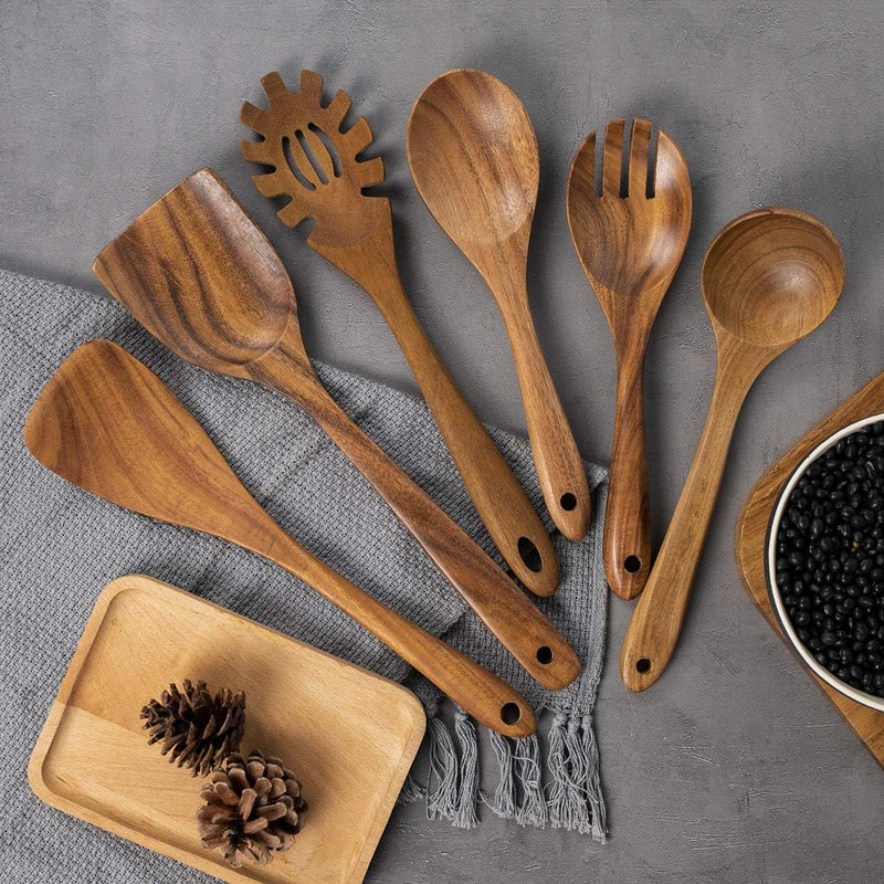 ADT 10 Pack Wooden Spoons for Cooking, Teak Wood Kitchen Utensils Set for Non Stick Use, Spatula Set for Stirring, Baking, Non Stick Wooden Utensils for Kitchen - Image 5