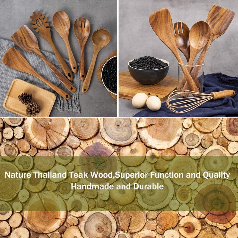 ADT 10 Pack Wooden Spoons for Cooking, Teak Wood Kitchen Utensils Set for Non Stick Use, Spatula Set for Stirring, Baking, Non Stick Wooden Utensils for Kitchen - Image 3