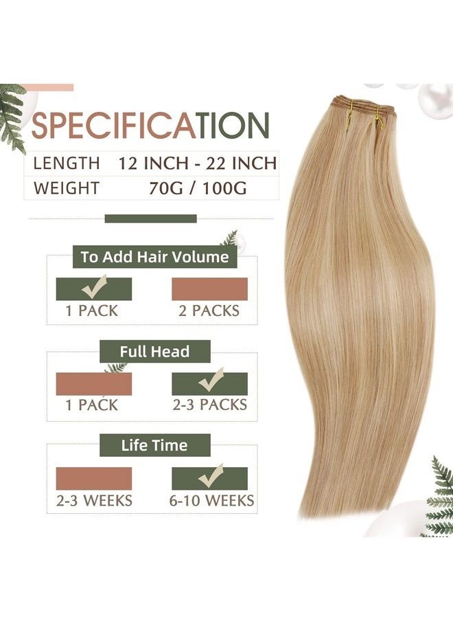 RUNATURE Weft Hair Extensions Human Hair Dark Blonde Highlight Golden Blonde Remy Hair Weft Extensions 14 Inch 100g Sew in Hair Extensions Full Head Weft Bundles Human Hair Extensions  - Image 4