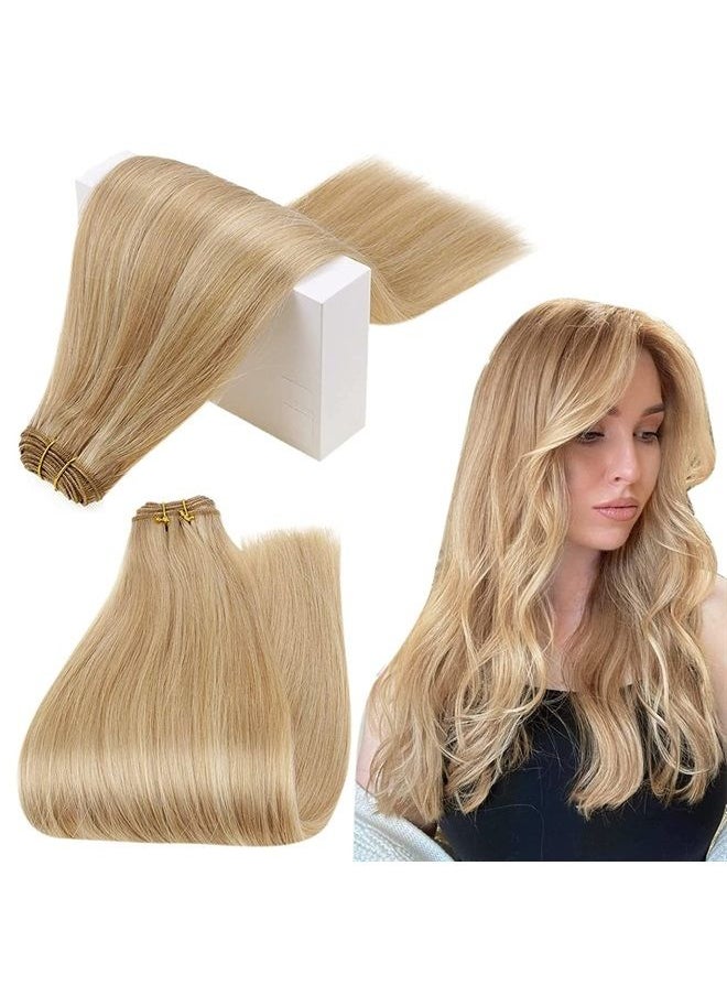 RUNATURE Weft Hair Extensions Human Hair Dark Blonde Highlight Golden Blonde Remy Hair Weft Extensions 14 Inch 100g Sew in Hair Extensions Full Head Weft Bundles Human Hair Extensions  - Image 1