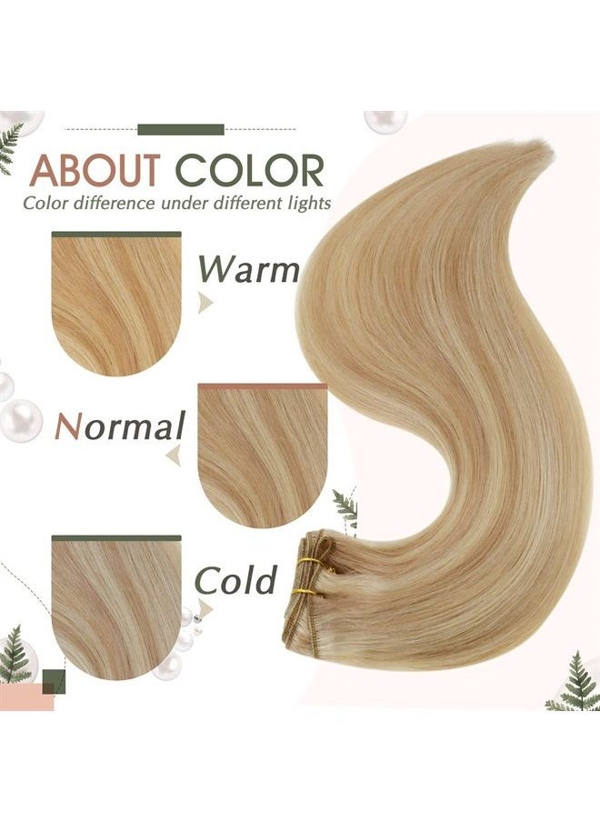 RUNATURE Weft Hair Extensions Human Hair Dark Blonde Highlight Golden Blonde Remy Hair Weft Extensions 14 Inch 100g Sew in Hair Extensions Full Head Weft Bundles Human Hair Extensions  - Image 5