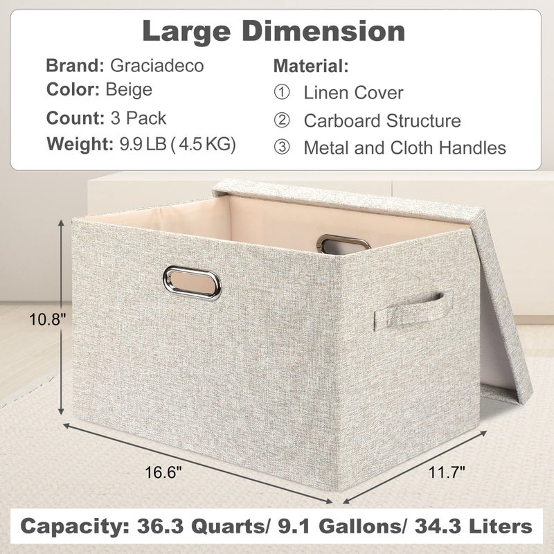 Graciadeco Large Quart Collapsible Stackable Storage Bins with Lids, 3 Packs Beige Linen Fabric Closet Boxes with Lids, Storage Cube Baskets Container Organizers for Bedroom Office(16.6 x 11.7 x 10.8) - Image 2