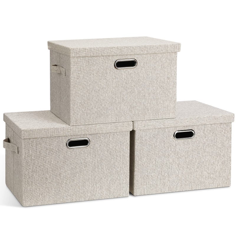 Graciadeco Large Quart Collapsible Stackable Storage Bins with Lids, 3 Packs Beige Linen Fabric Closet Boxes with Lids, Storage Cube Baskets Container Organizers for Bedroom Office(16.6 x 11.7 x 10.8) - Image 1