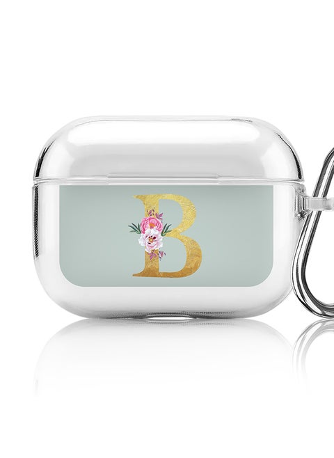 Classic Clear printed Case for Apple Airpods Pro Soft TPU Gel Thin Transparent Flexible Cover - Custom Monogram Initial Letter Floral Pattern Alphabet - B ( Light Green )