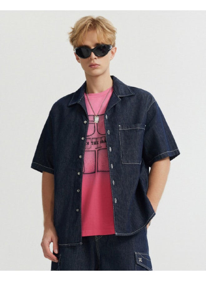 Cabbeen Men's Denim Shirt New Style Street Trendy Cool Daily Commute Summer Short Sleeve Shirt - Image 1