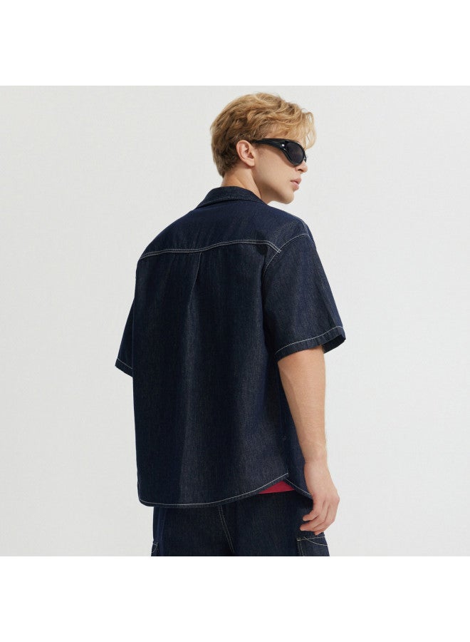Cabbeen Men's Denim Shirt New Style Street Trendy Cool Daily Commute Summer Short Sleeve Shirt - Image 3