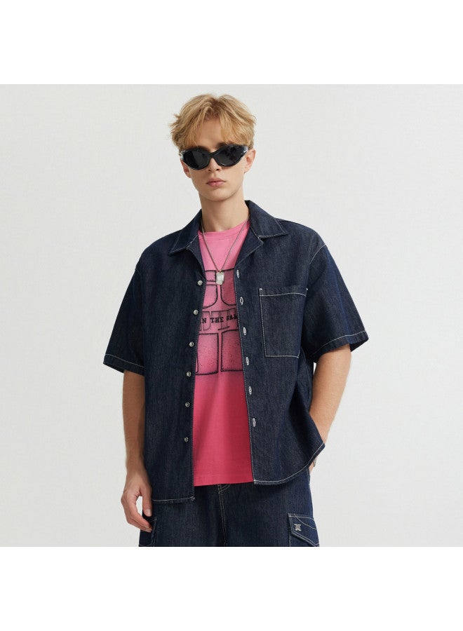 Cabbeen Men's Denim Shirt New Style Street Trendy Cool Daily Commute Summer Short Sleeve Shirt - Image 2
