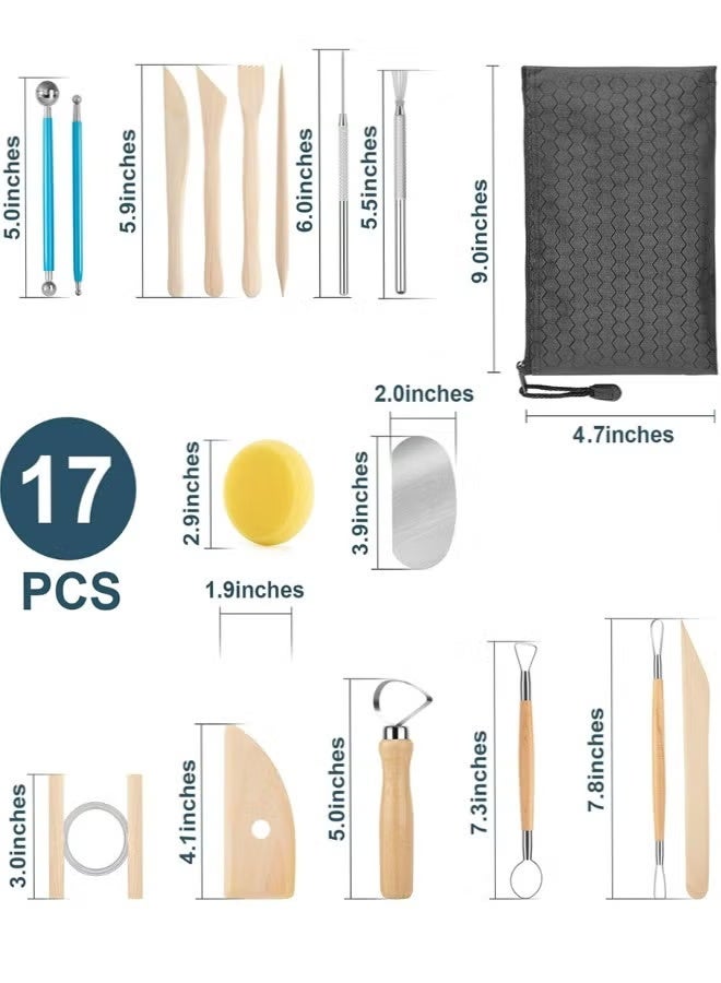 مجموعة أدوات الفخار، 17 قطعة من أدوات طين البوليمر، مجموعة أدوات النحت بالطين، أدوات نحت الطين، أدوات السيراميك، التشذيب، نمط النقش، مقابض خشبية ناعمة - Image 2